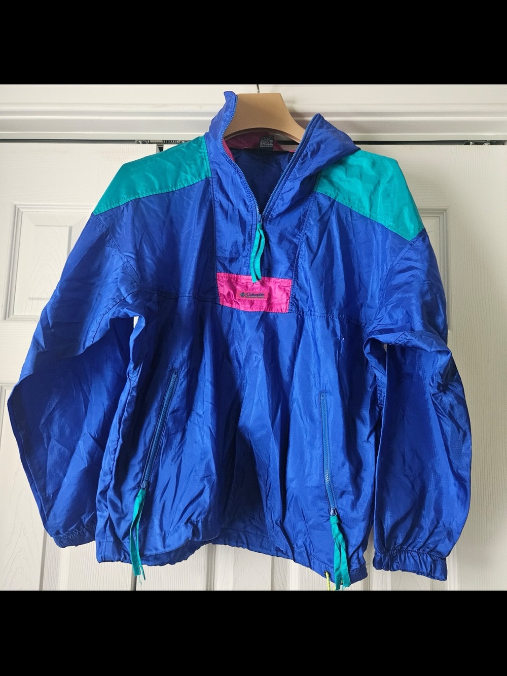 Vintage Columbia Windbreaker with Teal Shoulders and Pink Chest Accent